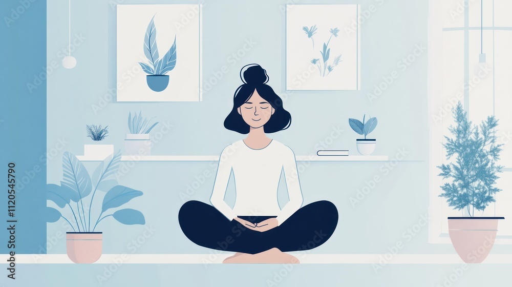 Obraz premium Woman meditating in a serene room, surrounded by plants.