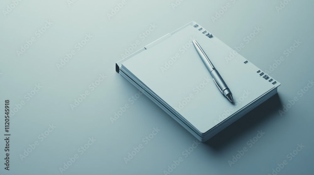 A closed spiral bound notepad with a silver pen rests on a table A closed spiral bound notepad with a silver pen rests on a table