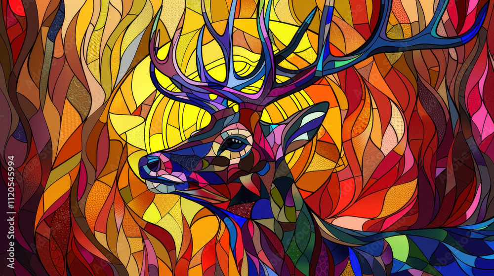 custom made wallpaper toronto digitalA deer with elaborate antlers depicted in abstract stained glass, featuring flowing lines and vivid colors