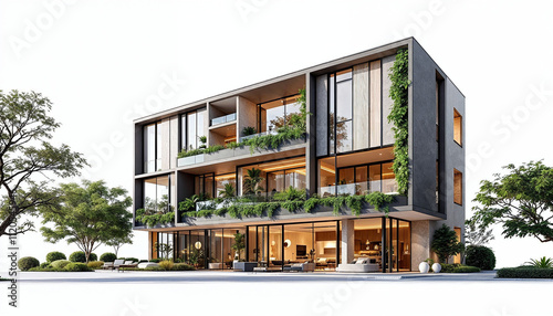 A 3D luxury apartment building with modern design and elegance on a white background.