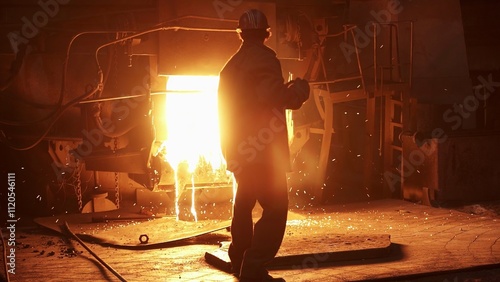 A dedicated workers silhouette stands out in the vibrant atmosphere of a steel mill. Stock Clip