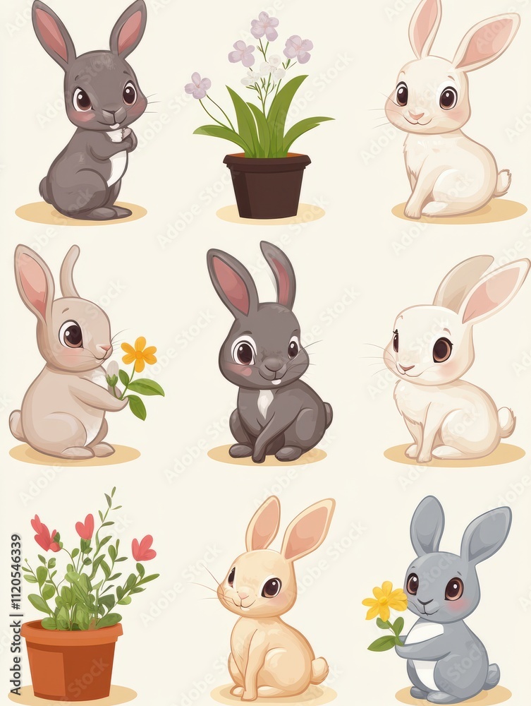 Fototapeta premium Basic english prepositions poster. Study language with cute cartoon rabbit and flower pot. Bunny character in different poses, isolated education vector banner