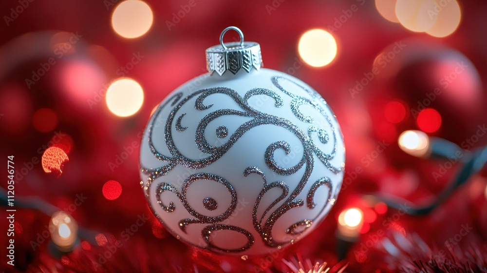White Christmas ornament with silver swirls against red bokeh lights.