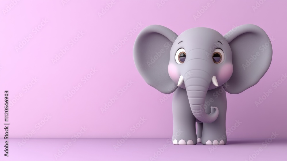 Adorable Cartoon Elephant Stands Against Pink Background