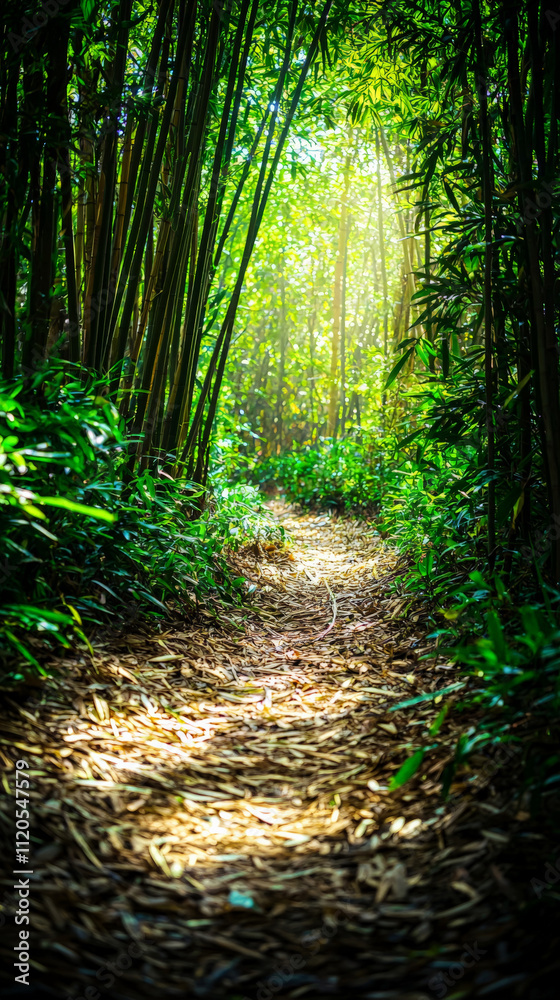 Fototapeta premium serene bamboo forest path with soft light filtering through leaves