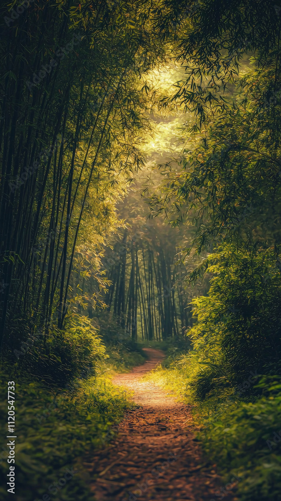 Fototapeta premium serene bamboo forest path with soft light filtering through leaves
