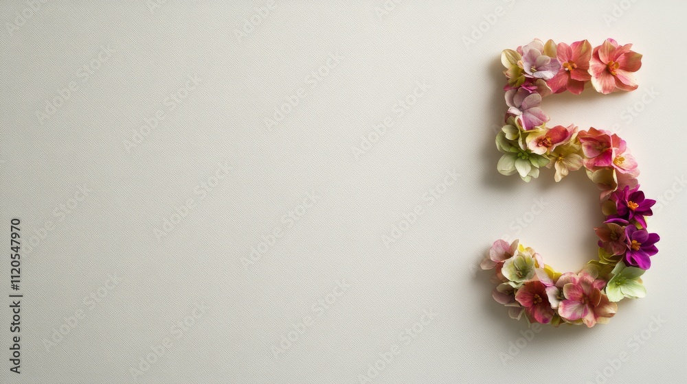 A 3D arrangement forms the number five using layered blossoms in bright hues, showcased against a clean white background, creating a striking visual effect A 3D arrangement forms the number five using layered blossoms in bright hues, showcased against a clean white background, creating a striking visual effect