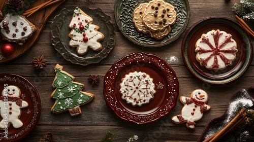 A table of decorated gingerbread cookies in the shape and color scheme of Christmas trees, snowmen, reindeer, marshmallows, chocolate chips, cinnamon sticks, and other decorations photo