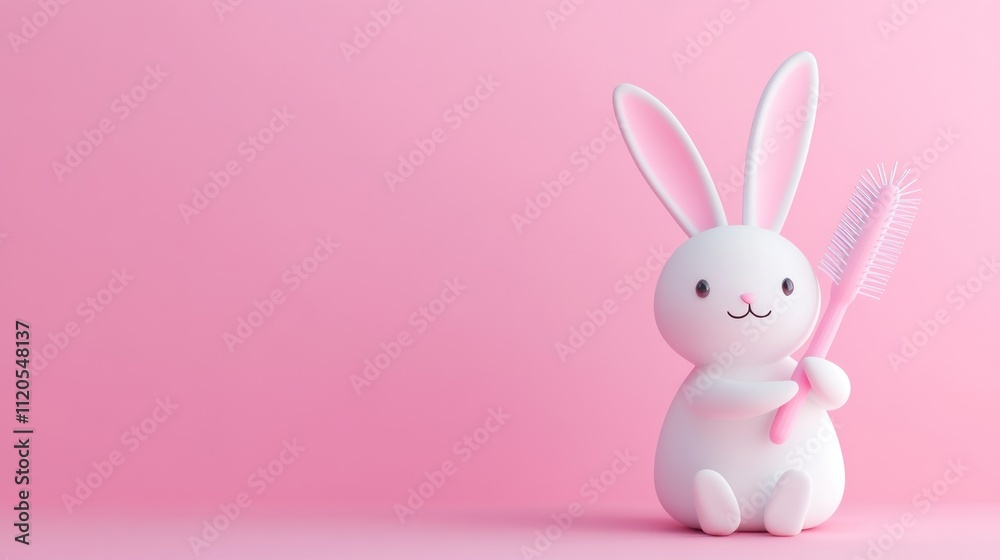 Cute White Bunny Holding Pink Hairbrush Against Pink Background Cute White Bunny Holding Pink Hairbrush Against Pink Background