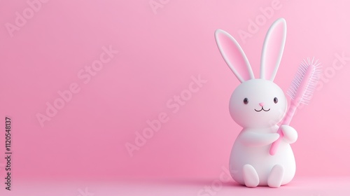 Cute White Bunny Holding Pink Hairbrush Against Pink Background