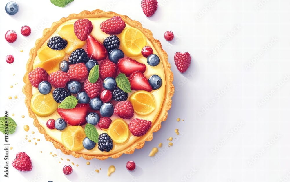 Fruit tart with glossy fresh berries and custard on white background Fruit tart with glossy fresh berries and custard on white background