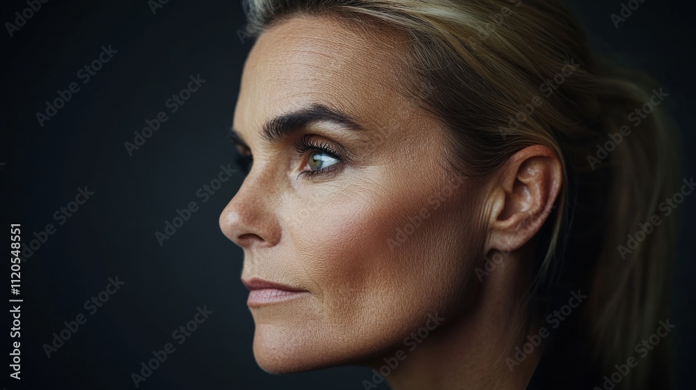 Fototapeta premium Close-up profile of a mature woman captures her thoughtful gaze, highlighted by shadows and soft light, creating a striking contrast against the dark backdrop
