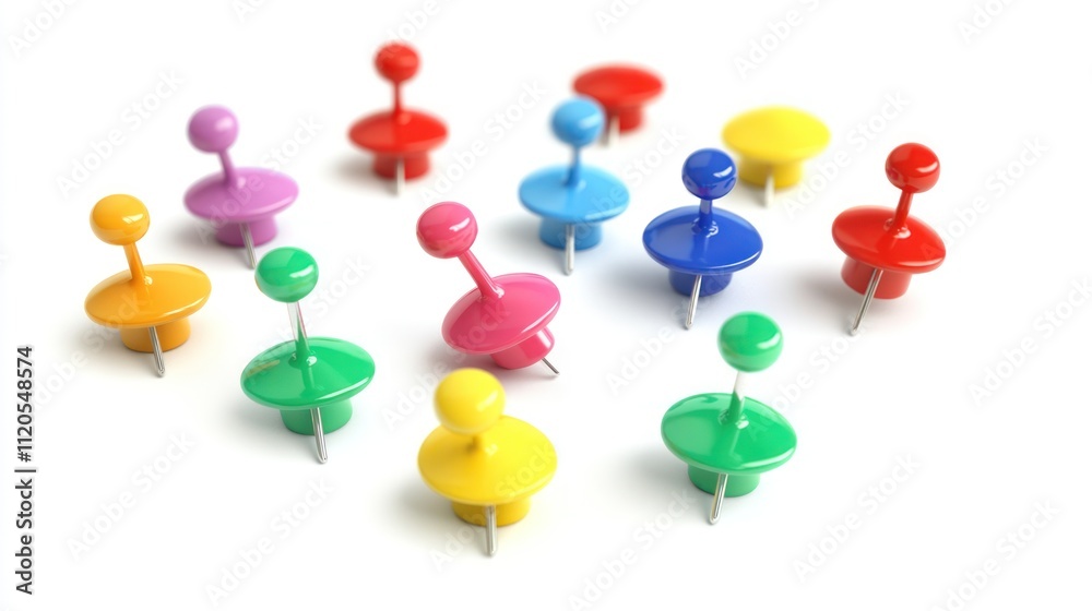 Colorful Pushpins Scattered on a White Background Colorful Pushpins Scattered on a White Background