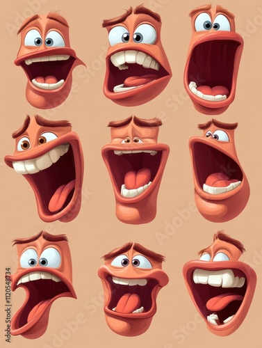 Cartoon talking mouth and lips expressions animations poses. Accent and pronunciation speak, tongue and articulate illustration photo