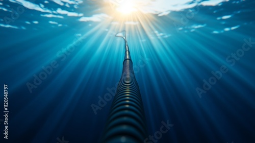 A solitary fiber optic cable glows softly as it winds along the ocean floor, surrounded by deep blue water and subtle beams of light filtering from above photo