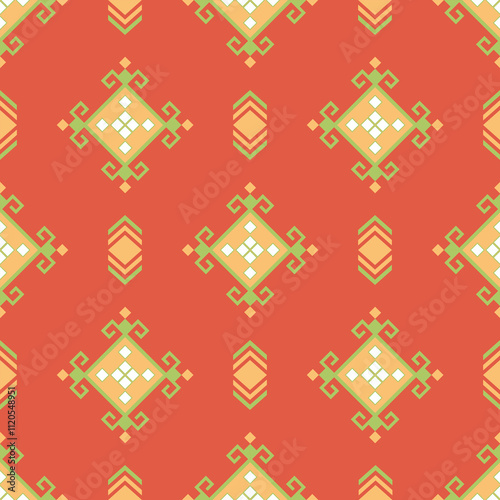 Geometric pattern with orange background and intricate designs in yellow and green, creating vibrant and lively atmosphere