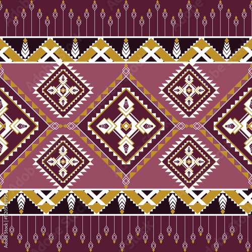 Geometric pattern in purple, white, and gold with intricate designs