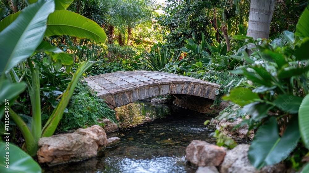 Stone Bridge Arching Over Lush Tropical Stream