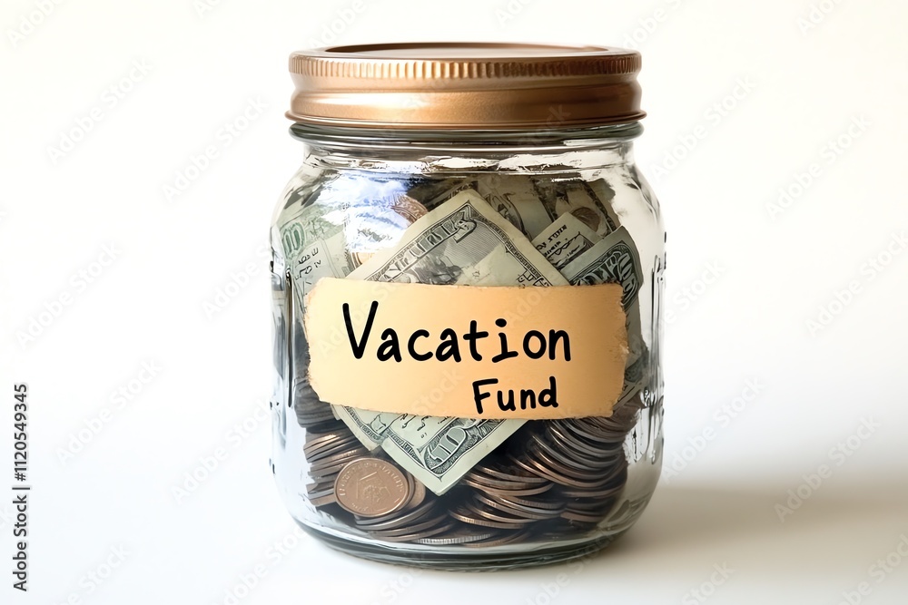 Vacation Fund Jar Filled with Coins and Bills Vacation Fund Jar Filled with Coins and Bills