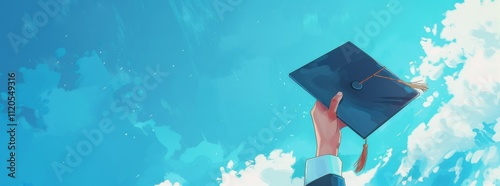 Graduates are celebrating graduation put a hand up, a certificate, and a hat in hand with happiness feeling in Commencement day, Congratulation, Graduation day concept