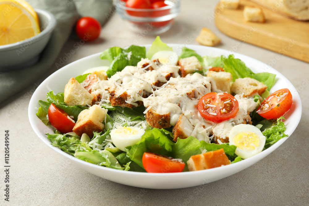 Tasty Caesar salad with chicken and tomatoes in bowl on gray textured table, closeup Tasty Caesar salad with chicken and tomatoes in bowl on gray textured table, closeup