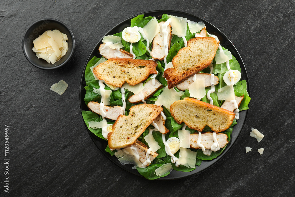 Delicious Caesar salad with chicken and cheese on black textured table, flat lay Delicious Caesar salad with chicken and cheese on black textured table, flat lay