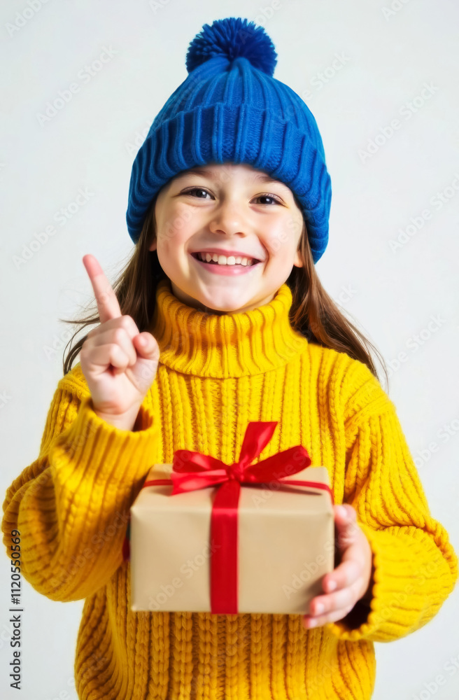 smiling girl in blue hat and yellow sweater holding gift in hands smiling girl in blue hat and yellow sweater holding gift in hands