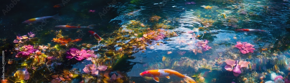 Koi Fish Swim Amidst Vibrant Underwater Flowers Koi Fish Swim Amidst Vibrant Underwater Flowers