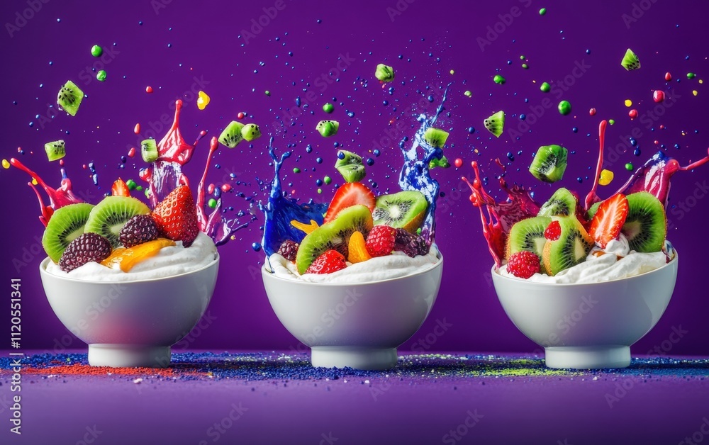 Mid-air yogurt bowls with kiwi, strawberries, and colorful fruit puree splashes creating an artistic look on a deep purple studio backdrop Mid-air yogurt bowls with kiwi, strawberries, and colorful fruit puree splashes creating an artistic look on a deep purple studio backdrop