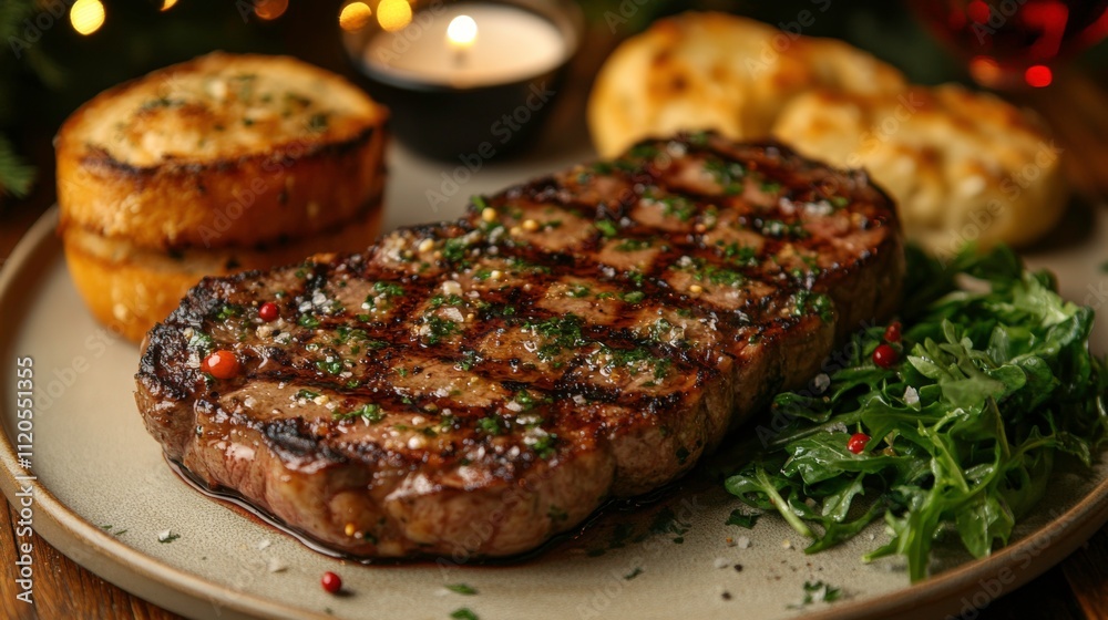 Perfect Medium-Rare Steak on a Rustic Wooden Board with Rosemary, Bread, and Red Wine: A Fine Dining Experience Perfect Medium-Rare Steak on a Rustic Wooden Board with Rosemary, Bread, and Red Wine: A Fine Dining Experience