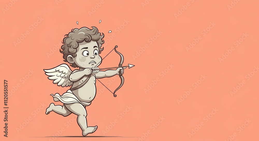 Fototapeta premium Cute cartoon illustration of a cherub with curly hair, wings, and a bow and arrow on a peach background, AI