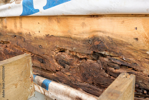 Removed Deck Ledger Board Reveals Dry Rotten Rim Joist Board with Extensive Damage on House