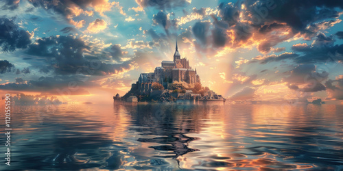 A fantasy-style island castle floating above the ocean, with mystical lights photo