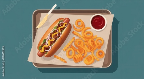 Hot dog with mustard, onions, and relish served with curly fries and ketchup on a tray, AI photo