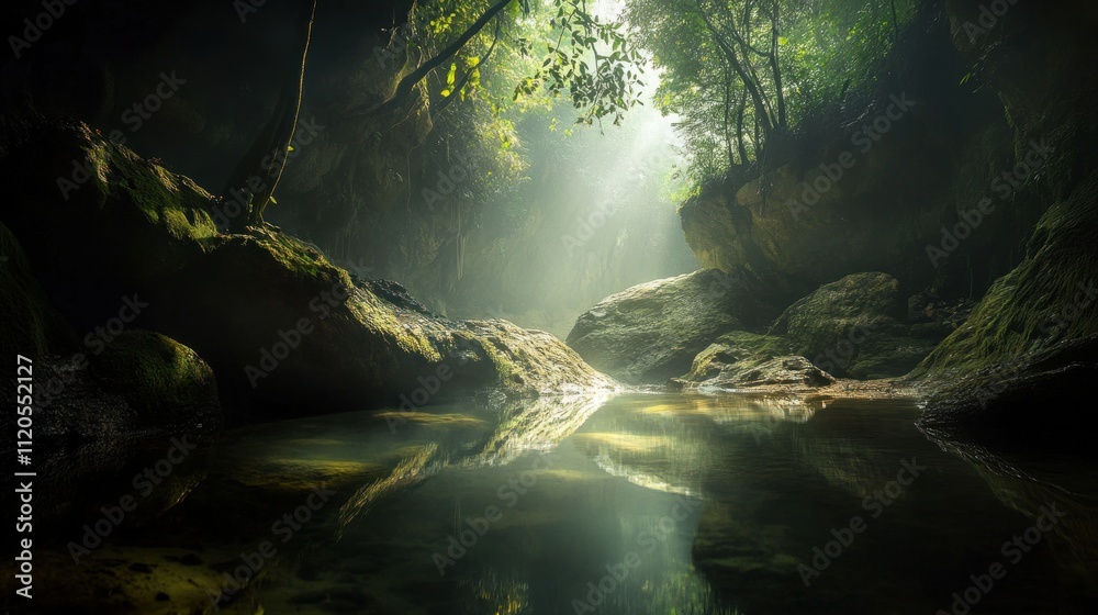 Serene Green Cave Pool Sunlight Illuminates Mossy Rocks Serene Green Cave Pool Sunlight Illuminates Mossy Rocks