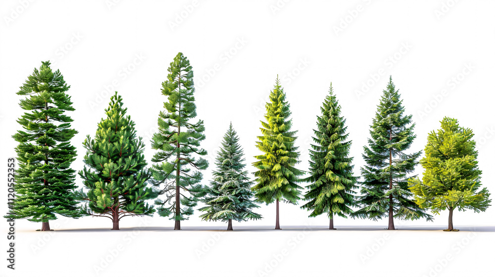 Obraz premium Fir, Pine, and Spruce Trees: Isolated on a white background, used for architecture.