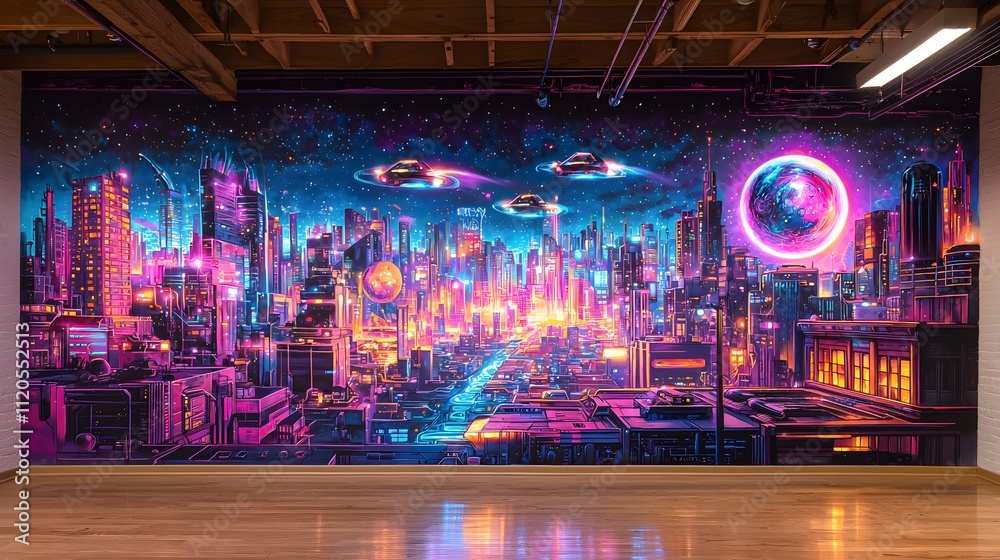 Vibrant Futuristic Graffiti Mural Depicting Sprawling Cityscape Vibrant Futuristic Graffiti Mural Depicting Sprawling Cityscape