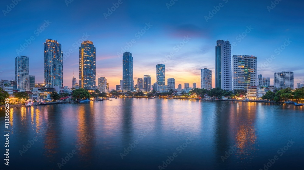 Cityscape Skyline Reflecting on Calm Water at Dusk Cityscape Skyline Reflecting on Calm Water at Dusk