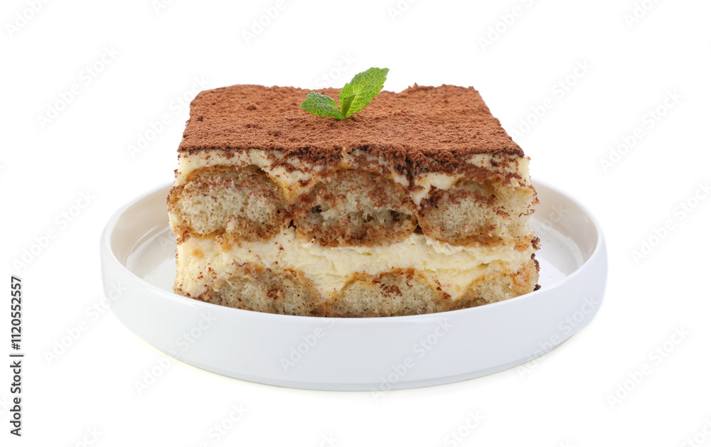 Delicious tiramisu with mint isolated on white Delicious tiramisu with mint isolated on white