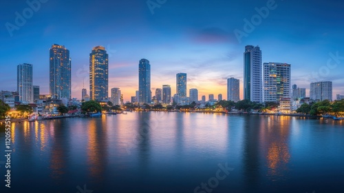 Cityscape Skyline Reflecting on Calm Water at Dusk