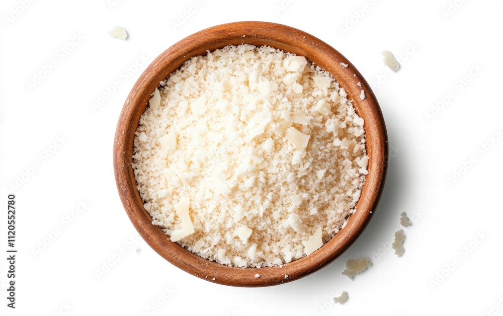 Shredded parmesan cheese in a small dish on white background Shredded parmesan cheese in a small dish on white background