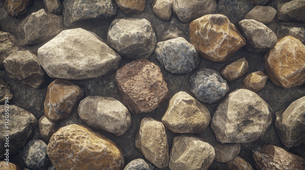 Weathered river rocks in various shapes and colors create natural texture. smooth surfaces and earthy tones evoke sense of tranquility and connection to nature Weathered river rocks in various shapes and colors create natural texture. smooth surfaces and earthy tones evoke sense of tranquility and connection to nature