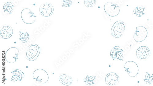 Vector illustration. Juicy summer background with copy space for text. Pattern of halves, slices and leaves of tomatoes. Sketch style. Hand drawn kitchen ingredients pattern for culinary themes.