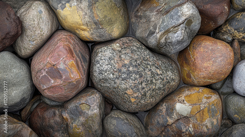 Weathered river rocks in various colors and textures create natural, seamless texture. rounded shapes and earthy tones evoke sense of tranquility and connection to nature photo