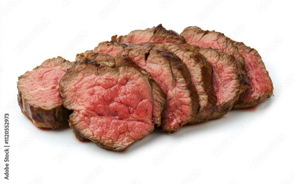 Sliced steak cooked medium-rare with pink centers on white background Sliced steak cooked medium-rare with pink centers on white background
