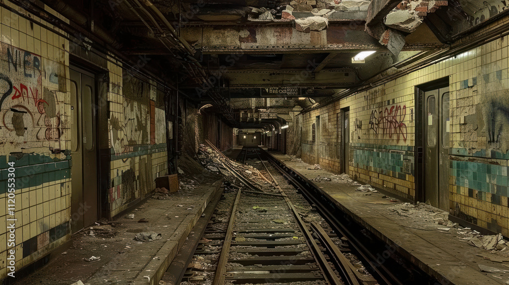 A forgotten subway tunnel filled with rubble, rust, and a haunting sense of history A forgotten subway tunnel filled with rubble, rust, and a haunting sense of history