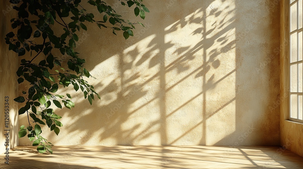 Sunlit room interior with textured wall, leafy branch, and window casting shadows. Sunlit room interior with textured wall, leafy branch, and window casting shadows.