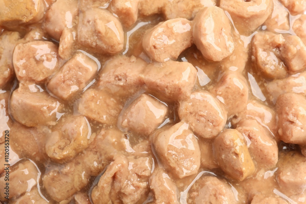 Pieces of wet pet food as background, top view Pieces of wet pet food as background, top view