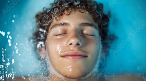 A young man relaxes in a cryotherapy chamber, his skin shiny with condensation and surrounded by cold vapor, showcasing the chilling atmosphere of the treatment