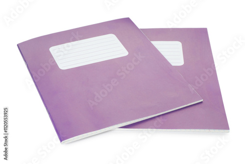 Two purple copybooks isolated on white. School stationery photo